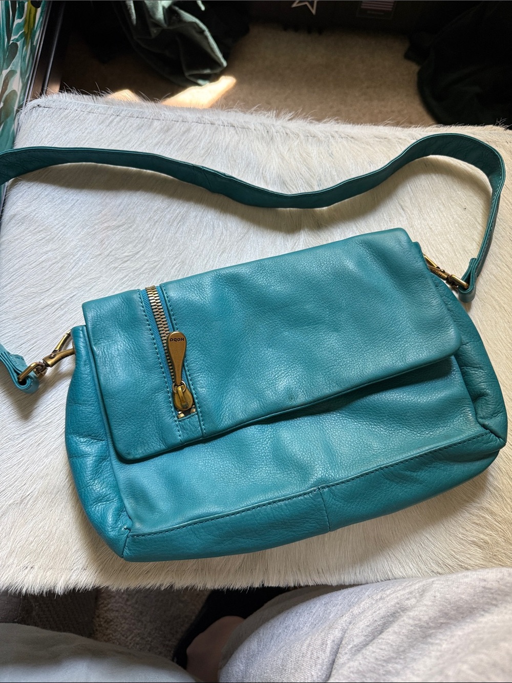 HOBO Teal Leather Crossbody with Gold Accents